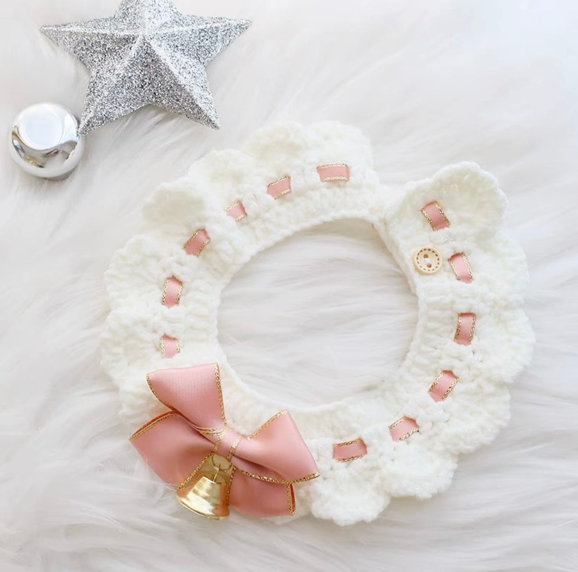 Wool Knitted Collar With Ribbon & Bell