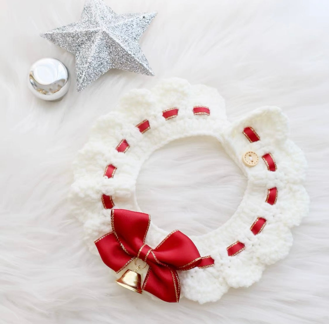 Wool Knitted Collar With Ribbon & Bell