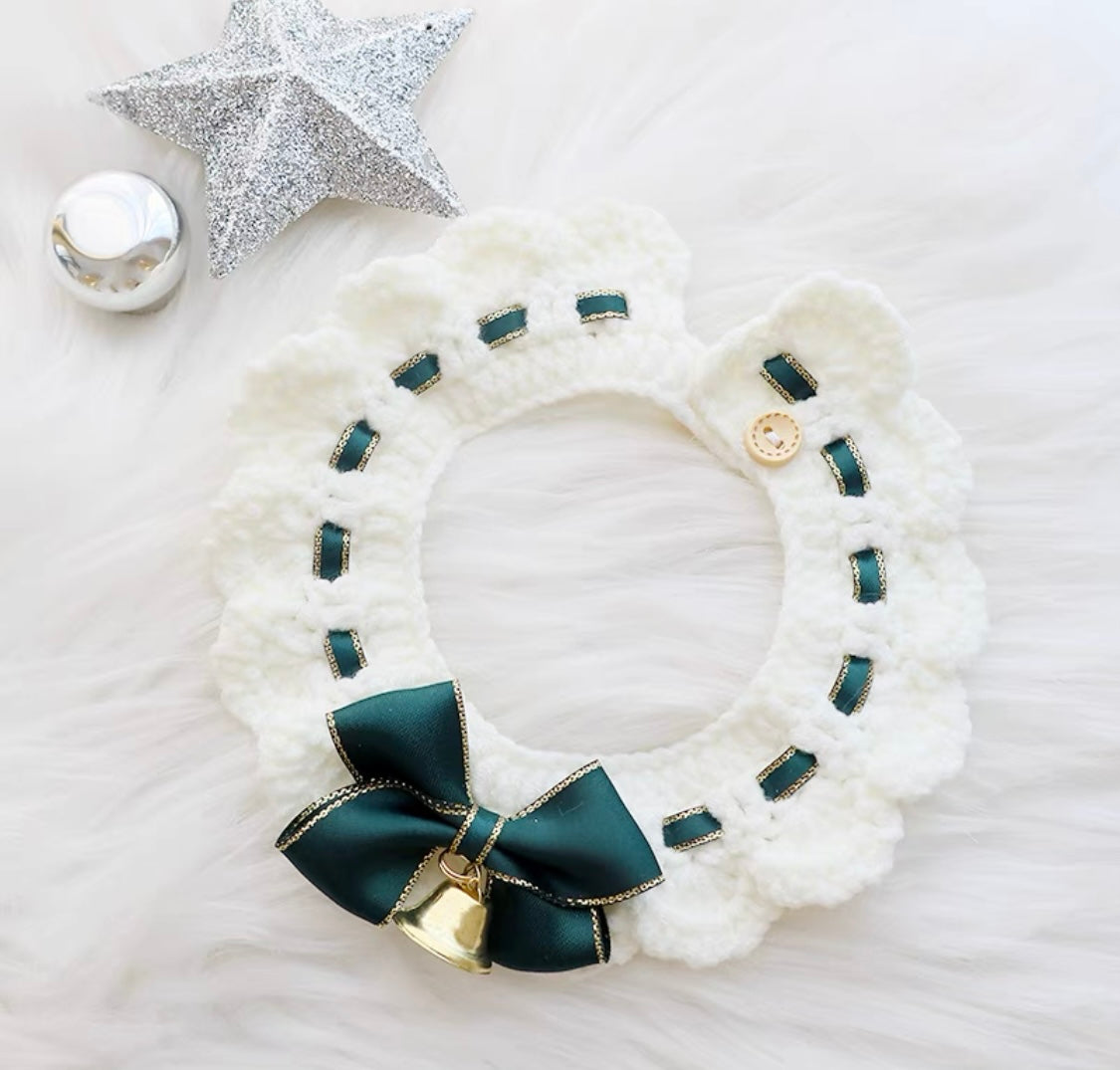 Wool Knitted Collar With Ribbon & Bell